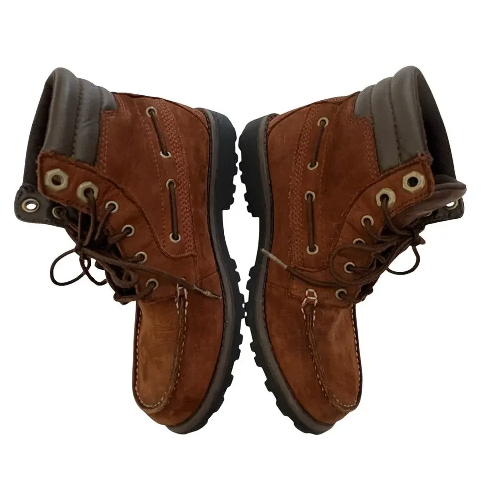 Timberland Boys Boots Size 2 Oakwell Moc-Toe Brown Nubuk Leather Lace-Up Preppy